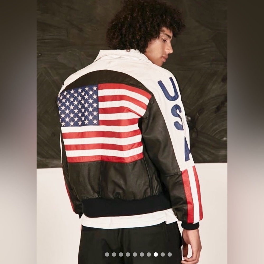 Genuine Leather vintage western bomber USA flag jacket NWT